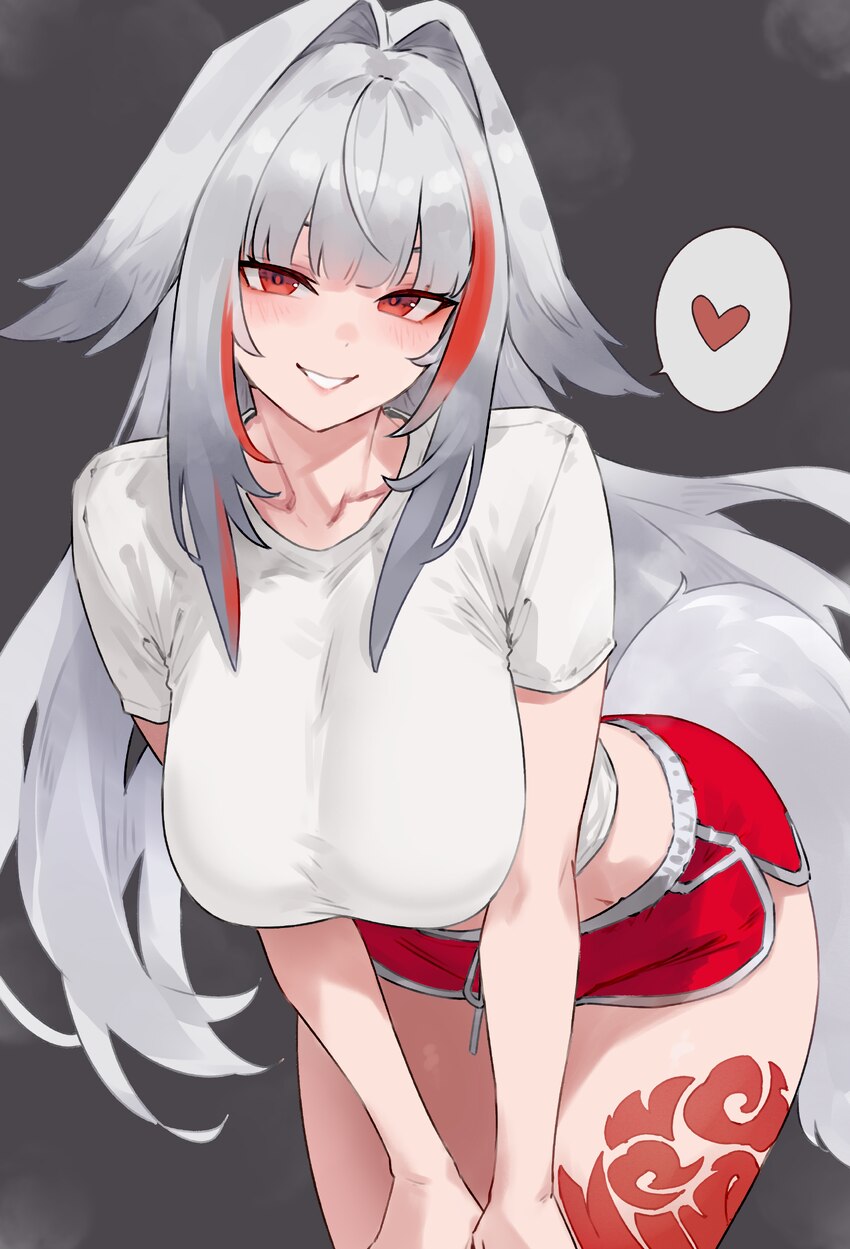 1girl absurdres bent over bluefield blush breasts collarbone commentary request dolphin shorts grey hair heart highres large breasts leg tattoo long …