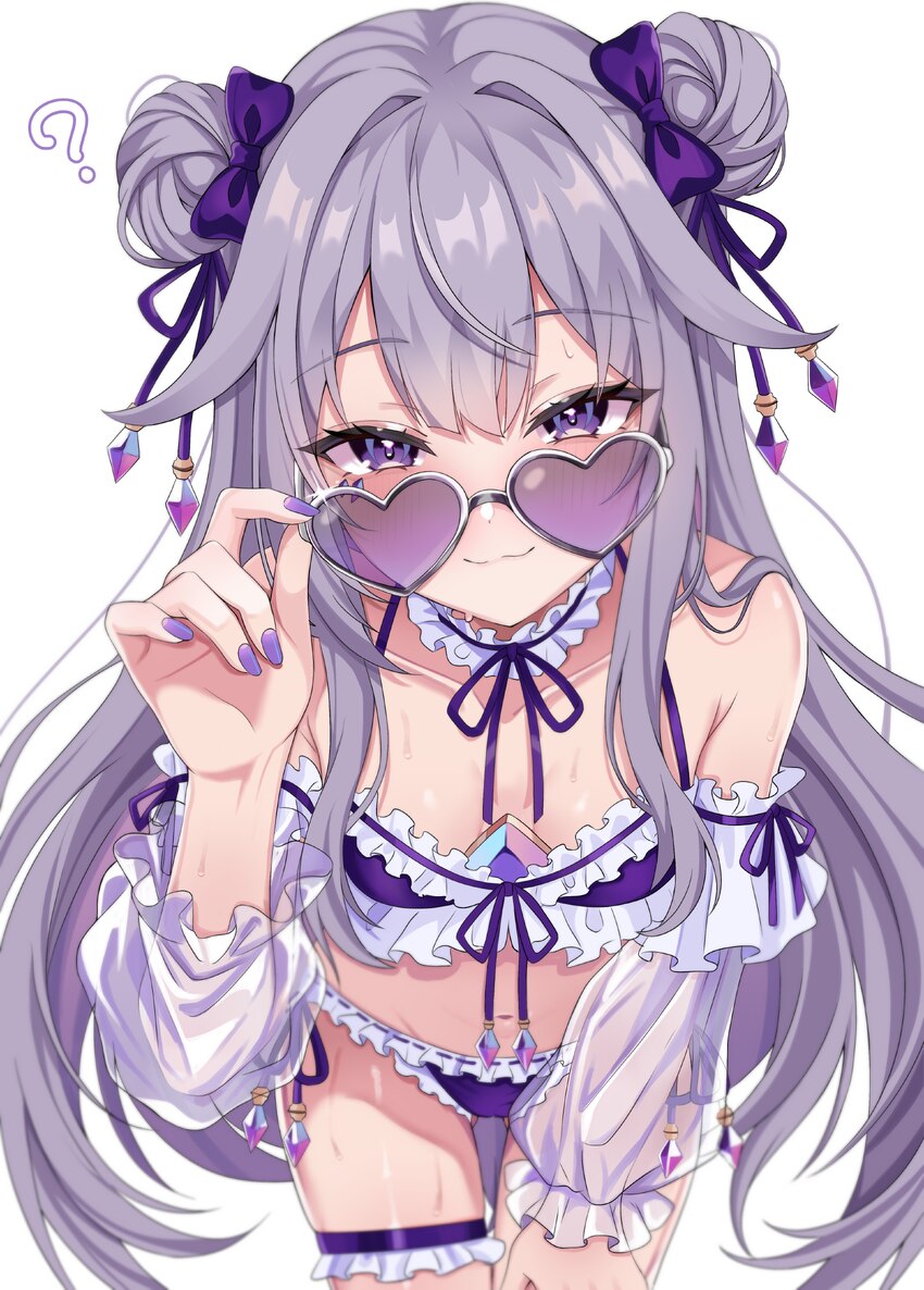 1girl ?  3 absurdres adjusting eyewear bikini blurry bow castellayaki center-flap bangs chest jewel choker closed mouth commentary cowboy shot depth …