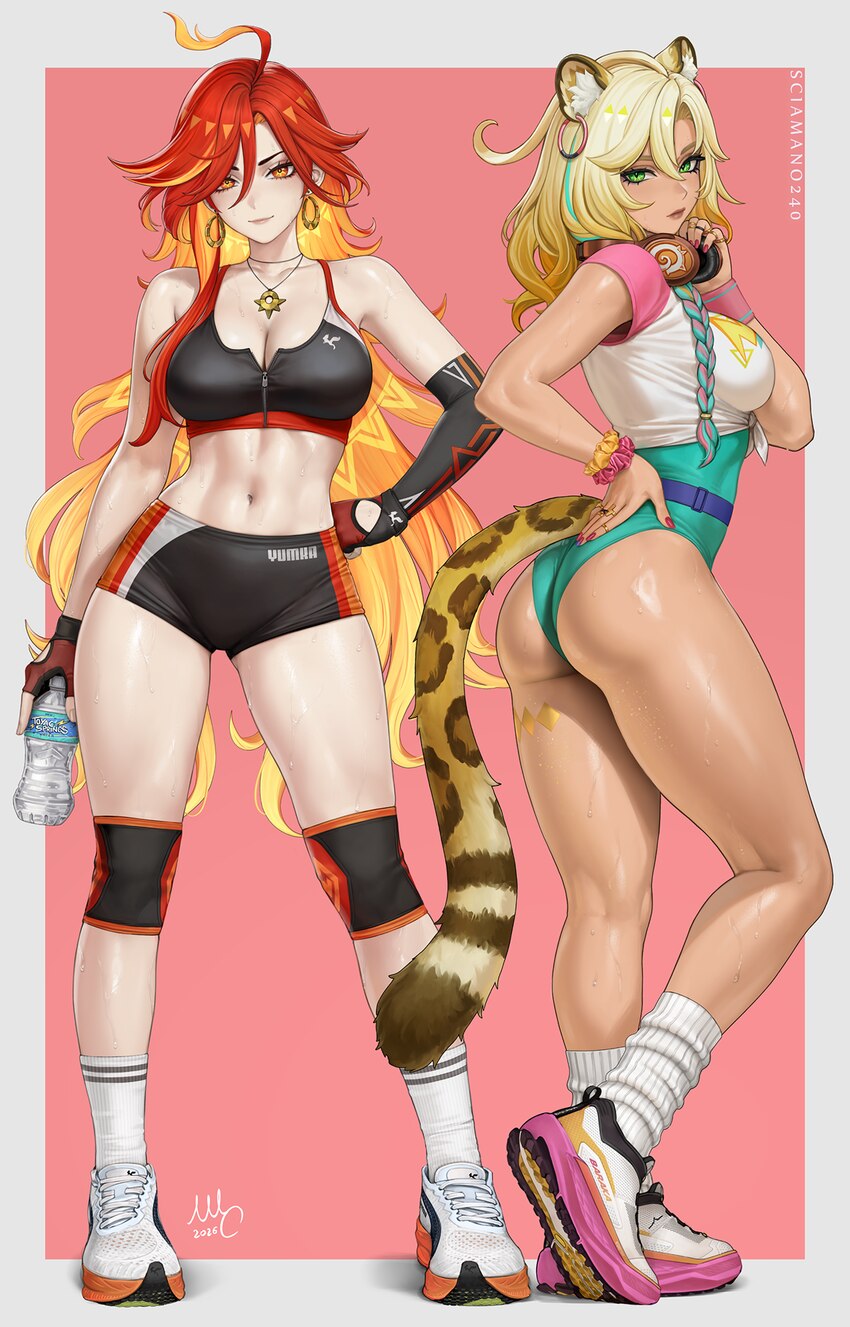 2girls alternate costume animal ears artist name ass bare shoulders bike shorts black gloves black shorts black sports bra blonde hair border bottle …