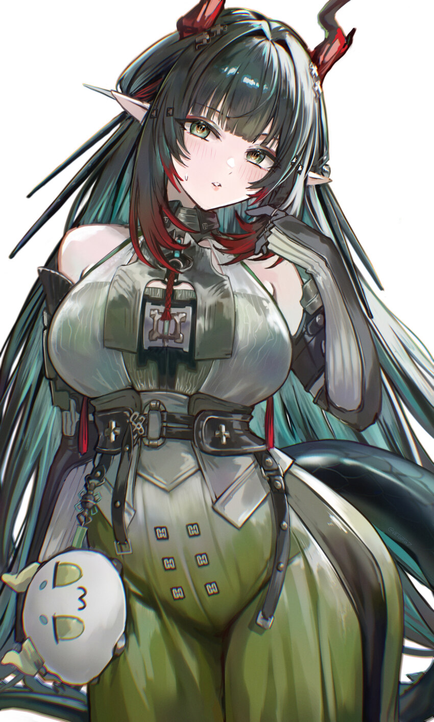 1girl arknights arknights  endfield atiarta7 bare shoulders black gloves black hair breasts curvy dragon bean (arknights) dragon girl dragon horns dr…