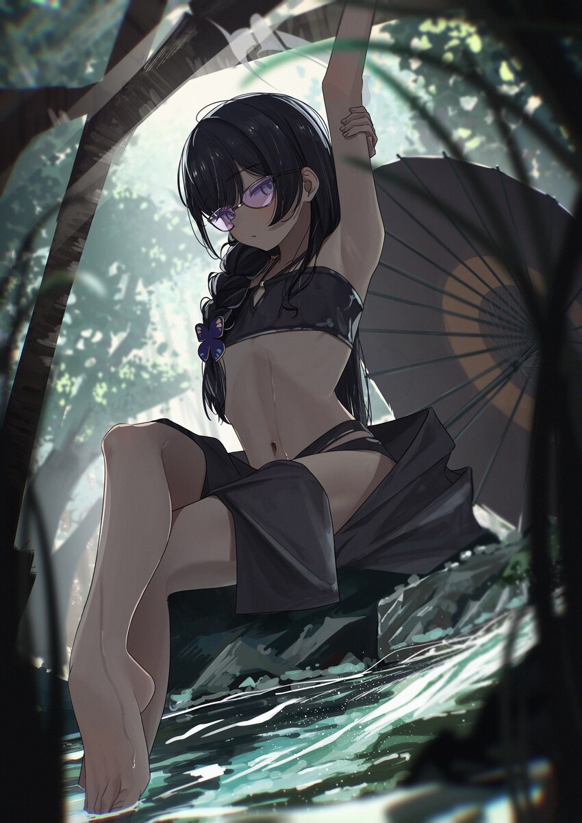 1girl absurdres armpits barefoot bikini black bikini black hair black robe blue archive blurry braid commentary crossed legs day depth of field flat …