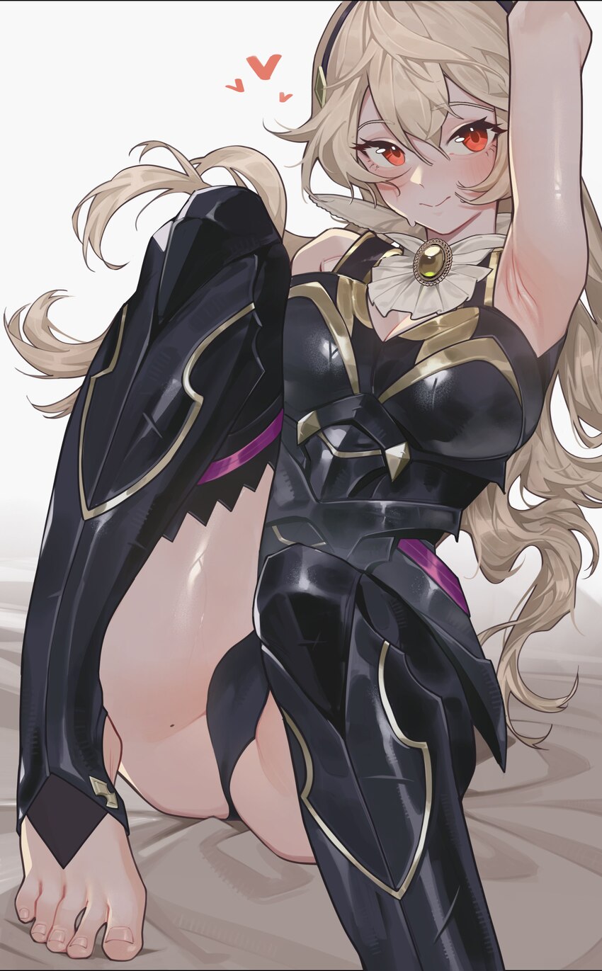1girl absurdres anomarasu arm up armor armored legwear armored leotard armpits black armor black hairband blonde hair blush breasts cameltoe cleavage…