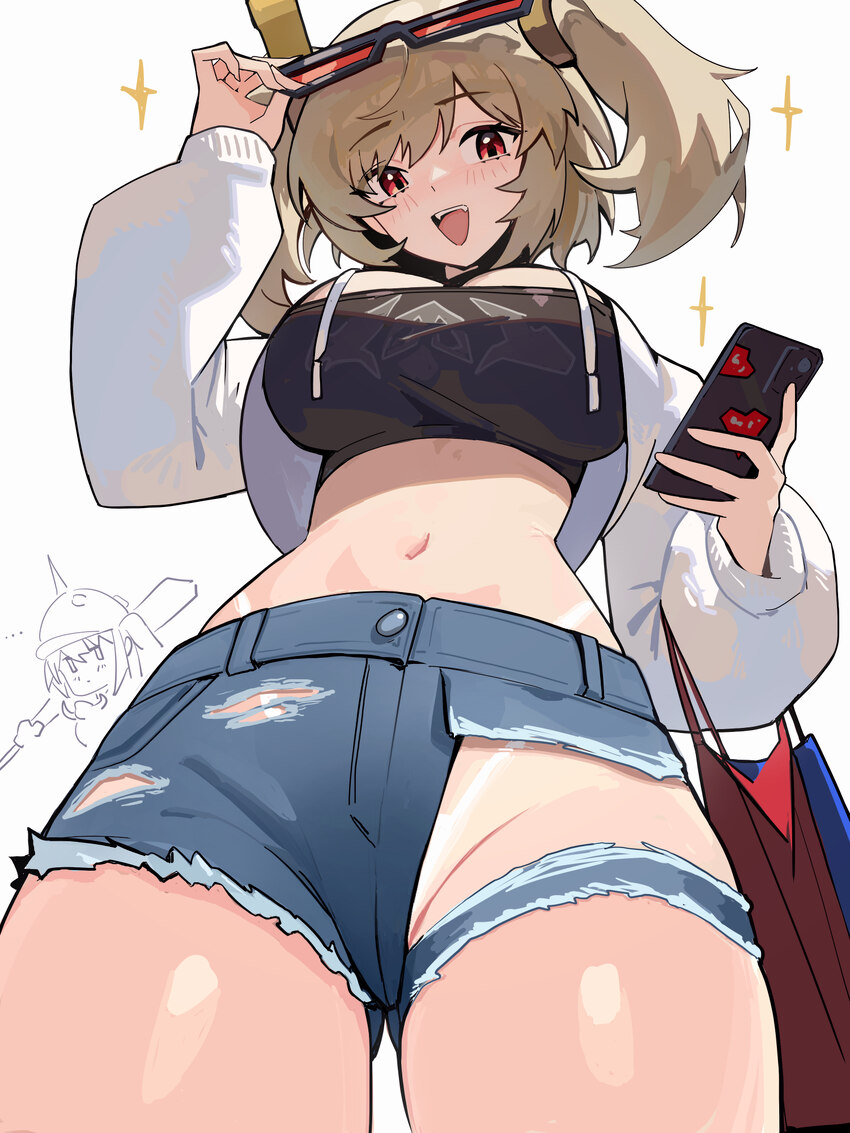 1girl  d alt text alternate costume bag black tube top blonde hair blush breasts burnice white cellphone commentary cowboy shot crop top cropped jack…