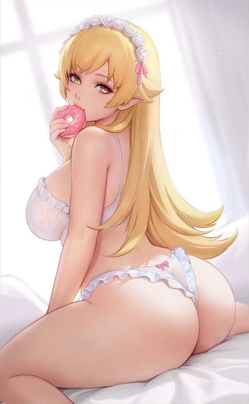 1girl absurdres ass bare arms bare shoulders blonde hair bra breasts donut eating flower food frilled bra frilled panties frills from side hair flaps…