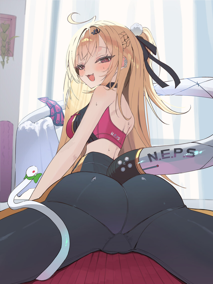 1girl absurdres ahoge ass bare shoulders black pants blonde hair breasts chalky (zenless zone zero) cissia (zenless zone zero) commentary request ear…