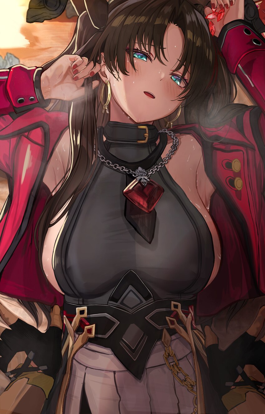 1boy 1girl absurdres alternate breast size (larger) black gloves black hair black shirt blue eyes breasts caelus (honkai  star rail) commentary reque…