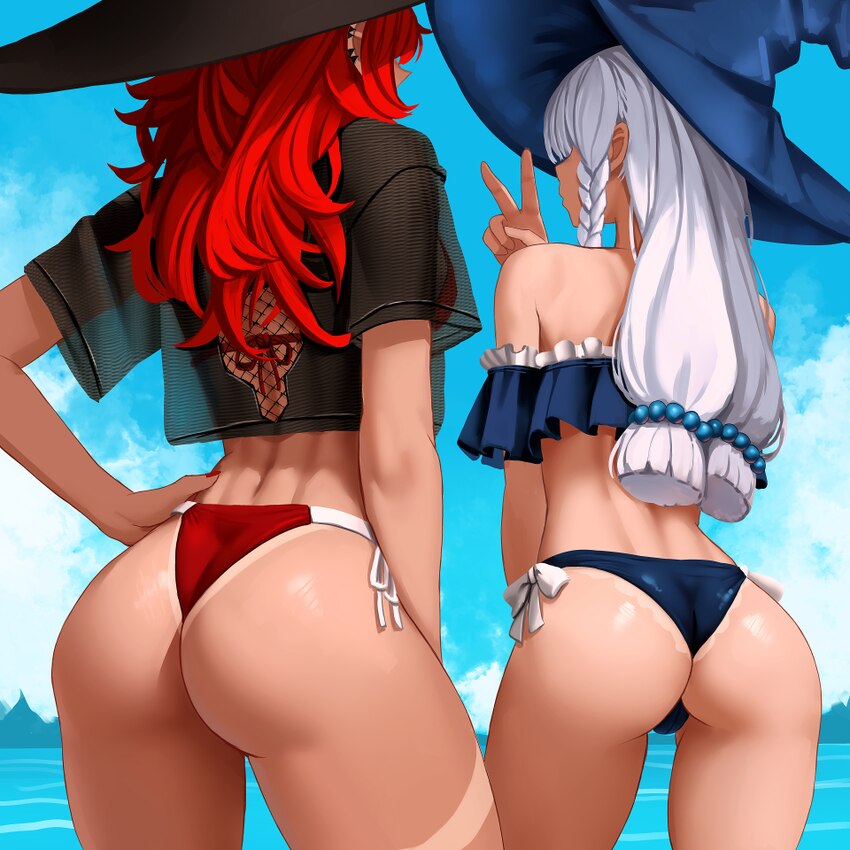 2girls ass ass focus beach bikini black hat black shirt blue bikini blue hat blue sky borrowed character braid breasts commentary cropped shirt day f…