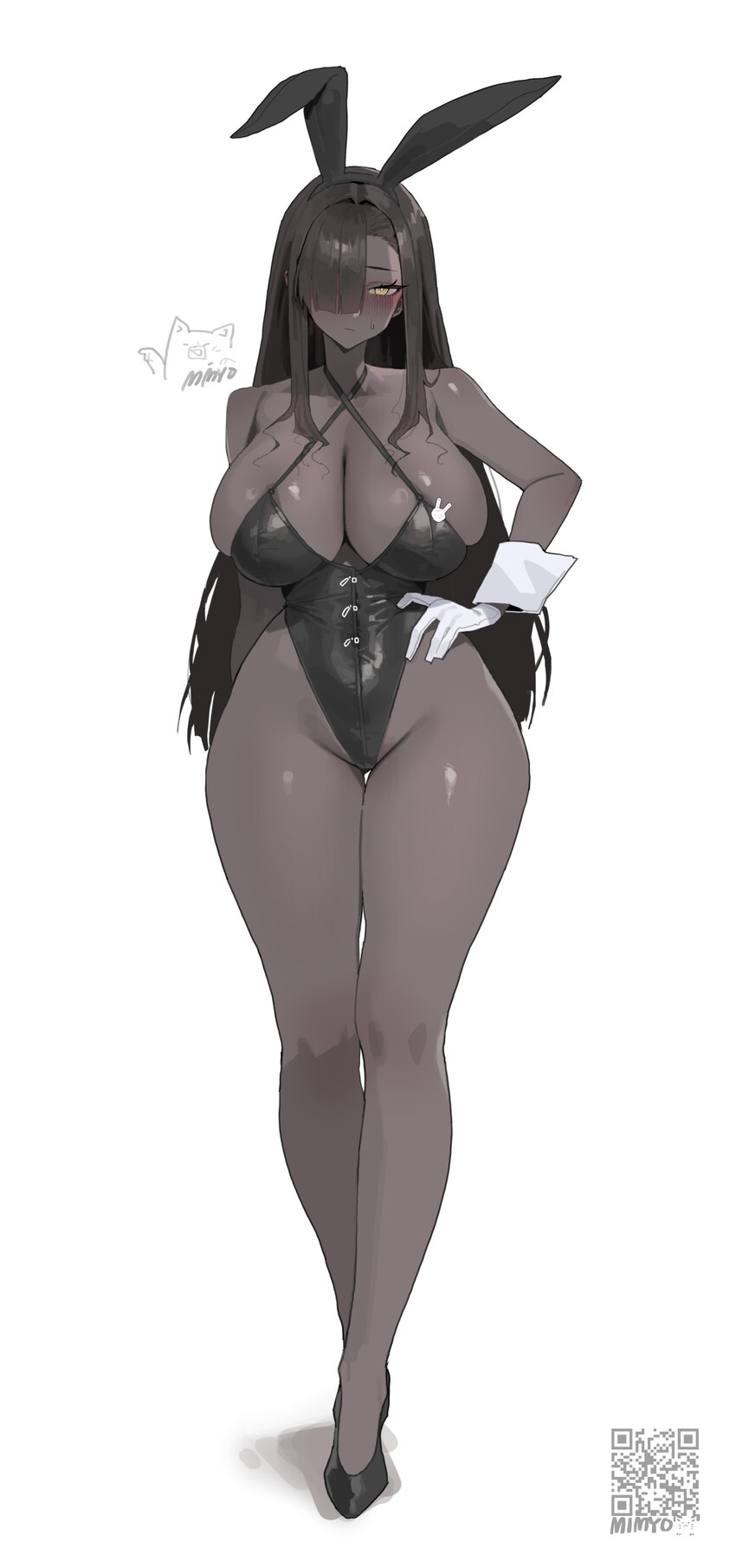 1girl absurdres alternate costume animal ears bare shoulders black hair black hairband black leotard blush breasts cleavage closed mouth commentary d…
