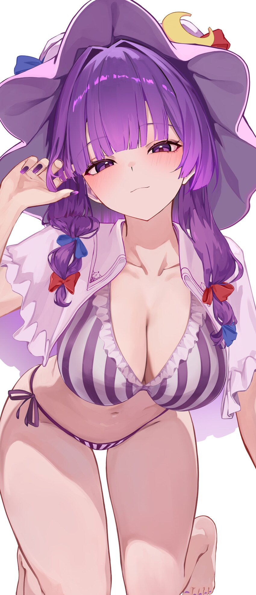 1girl absurdres alternate costume barefoot bikini blue bow blush bow breasts cleavage closed mouth collarbone commentary crescent crescent hat orname…
