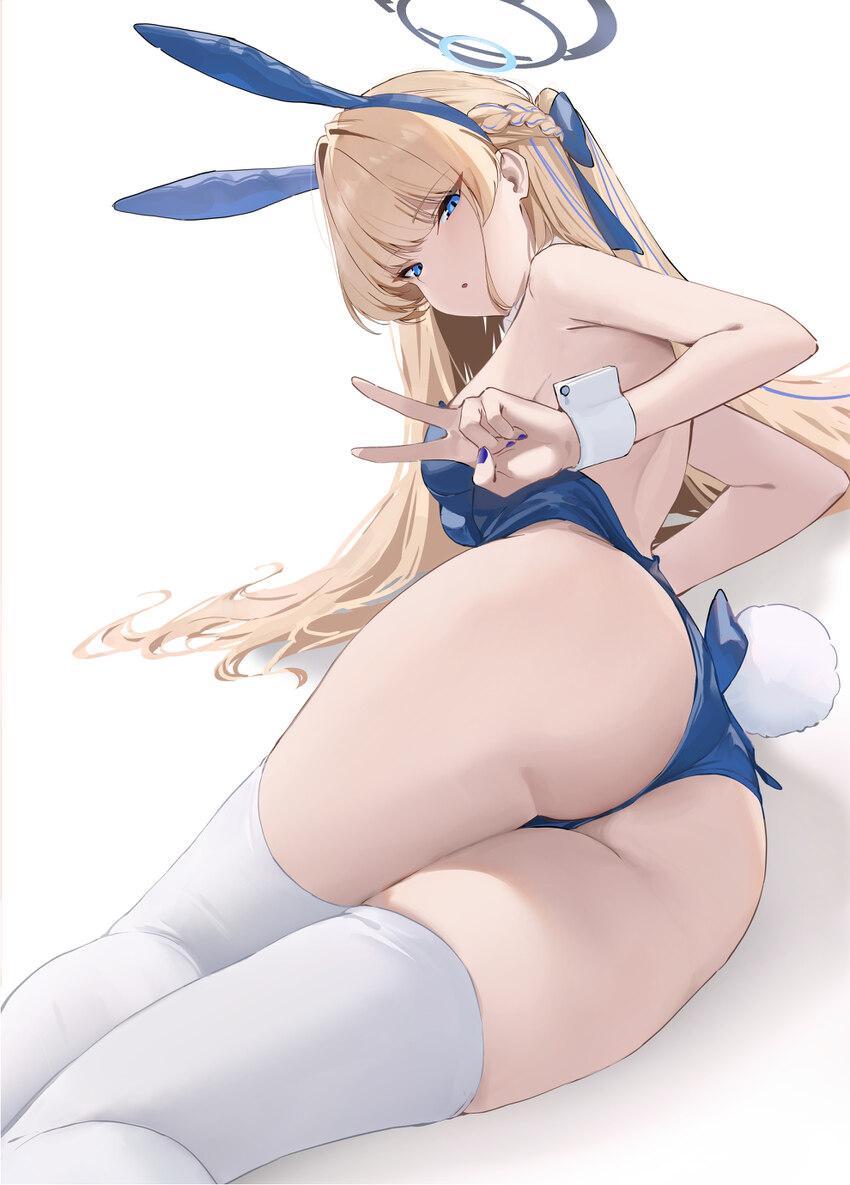 1girl absurdres animal ears ass bare shoulders blonde hair blue archive blue eyes blue leotard blush braid breasts commentary request detached collar…