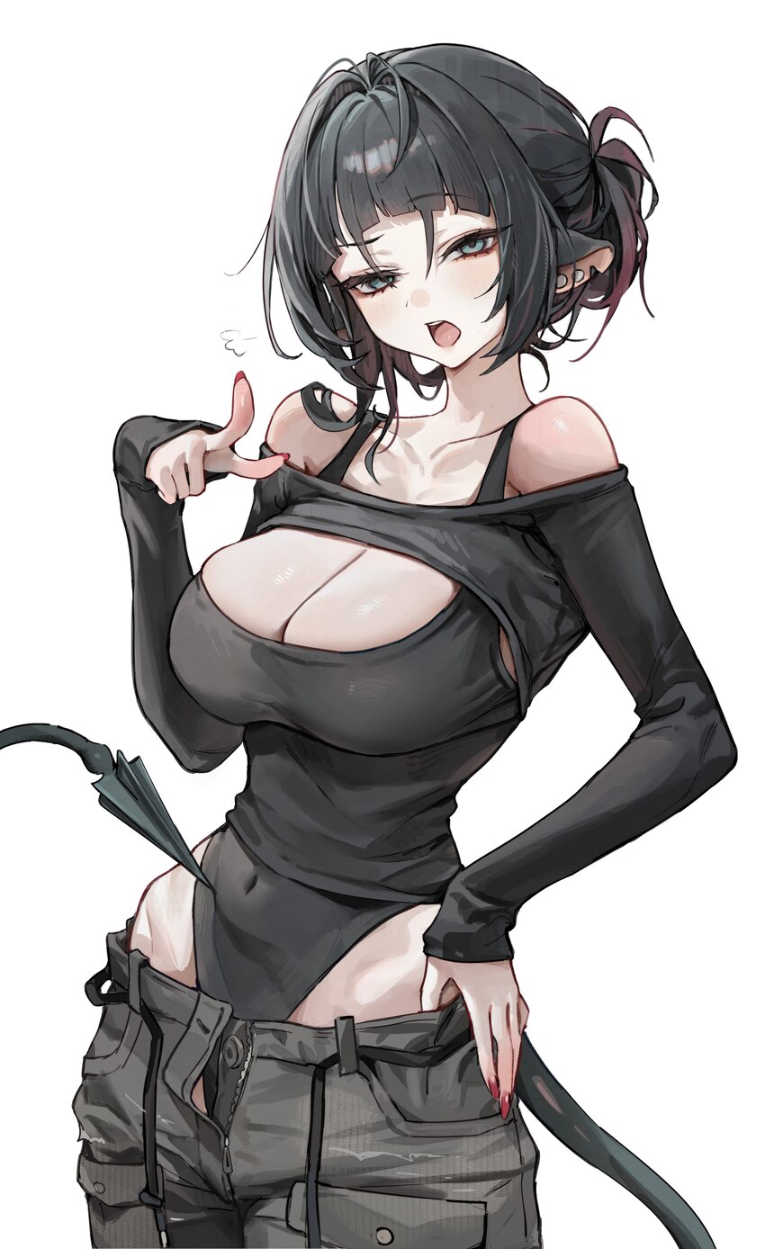 1girl absurdres animal ears bare shoulders black hair black leotard breasts brown pants cleavage collarbone covered navel fingernails fungi542 furrow…
