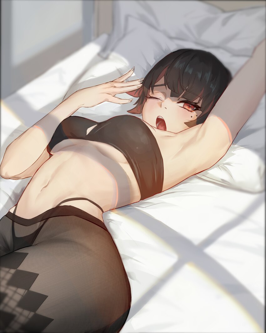 1girl arm up armpits bilingual commentary black panties black pantyhose black tube top breasts colored inner hair commentary dashu 1230 ellen joe hig…