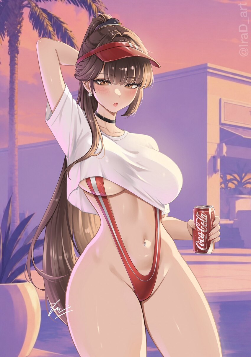 1girl arm behind head black choker blush breasts brown eyes brown hair can choker coca-cola commentary cover bikini girl (gta vi) (pose) crop top cro…
