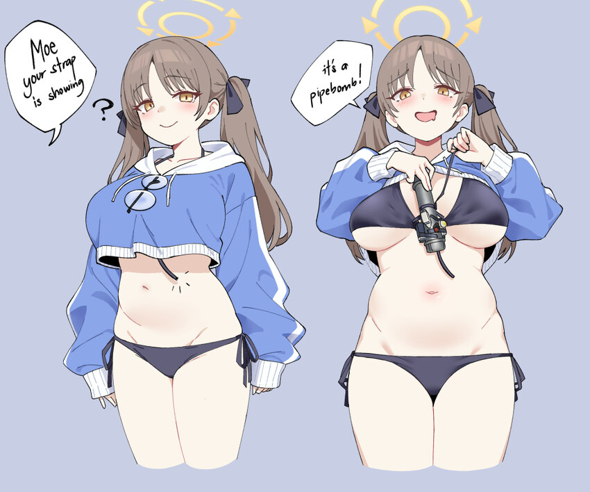 1girl ?  d arms behind back aroused between breasts bikini black ribbon blue archive blue hoodie bomb breasts brown hair clothes lift commentary crop…
