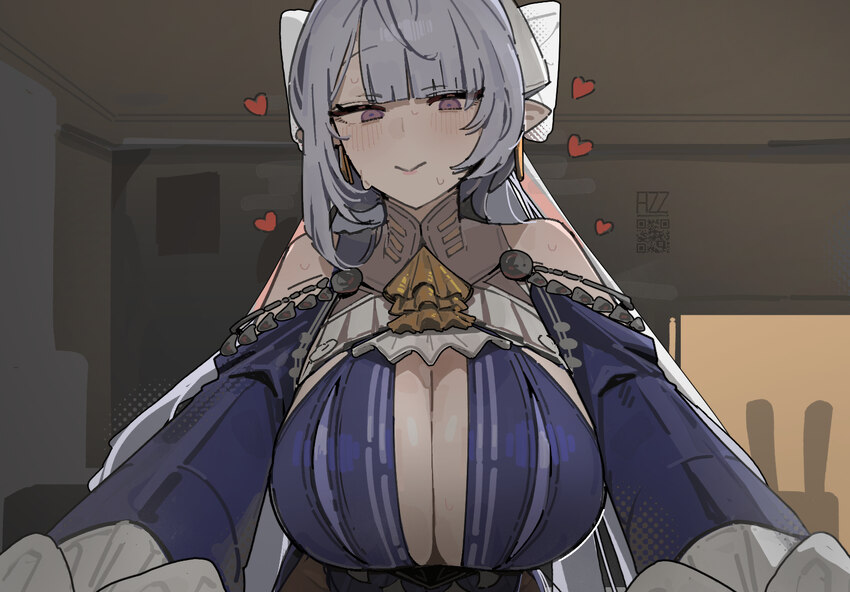 1girl azz0422 blue dress blunt bangs blush breasts cleavage closed mouth clothing cutout commentary dress grey hair heart indoors large breasts long …