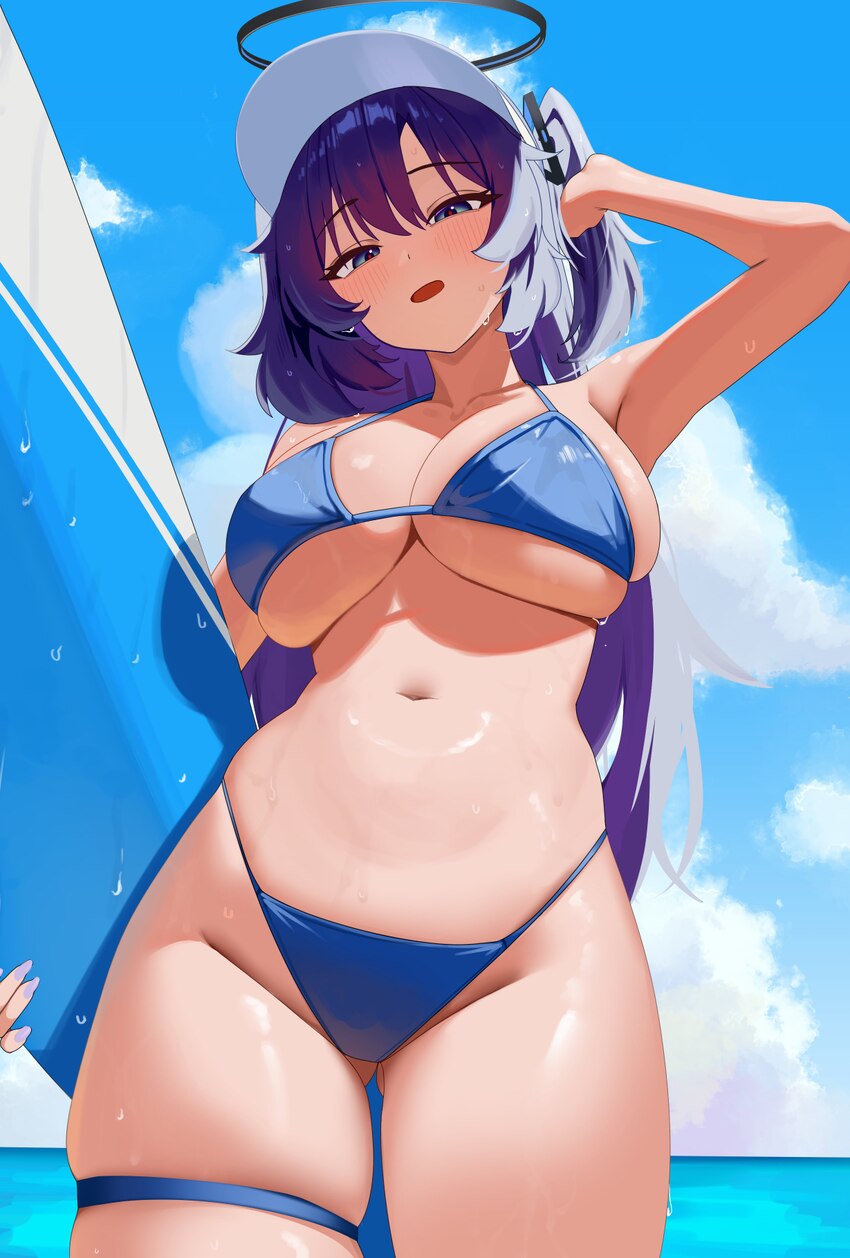 1girl absurdres alternate breast size (larger) alternate costume bikini black halo blue archive blue bikini blue eyes blue sky breasts cloud commenta…