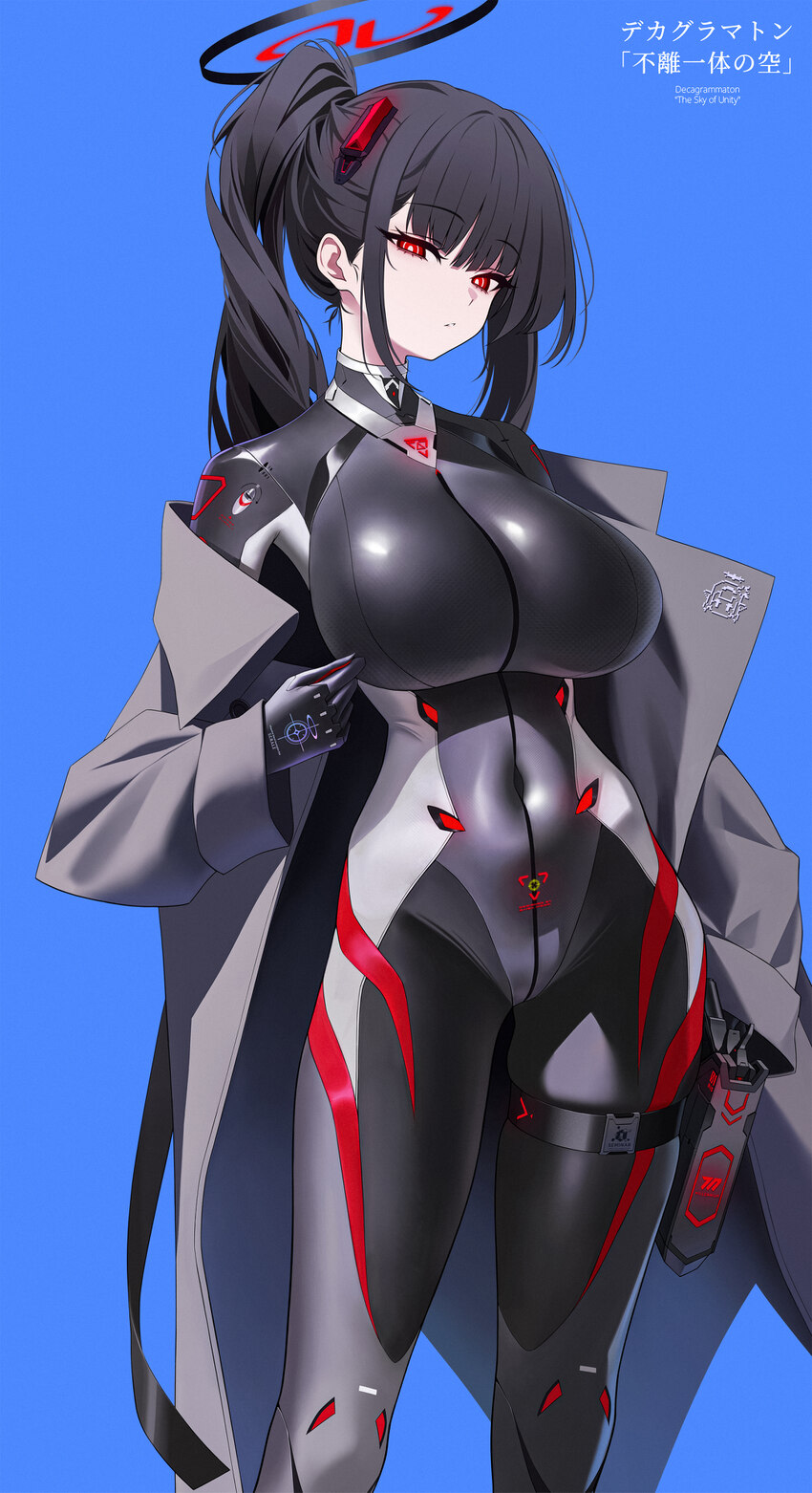 1girl absurdres black bodysuit black hair black halo blue archive bodysuit breasts coat commentary request covered navel feet out of frame grey coat …