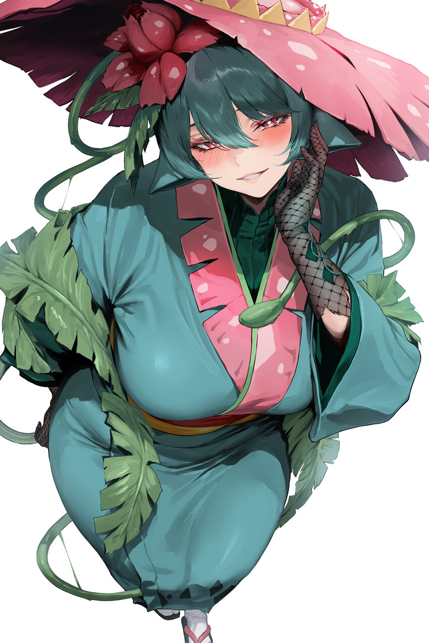 1girl aoi sakura (seak5545) ara-ara venusaur black gloves blush breasts gloves green hair green kimono hair between eyes highres japanese clothes kim…