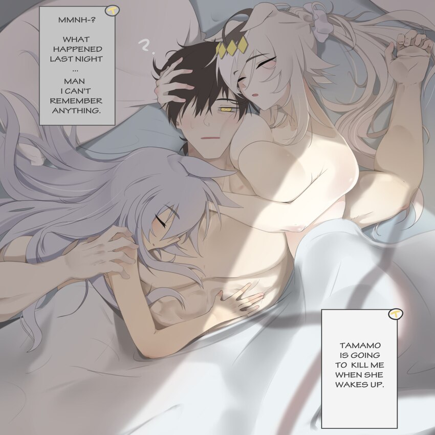 1boy 2girls ahoge animal ears blush breast smother breasts brown hair closed mouth commentary doli palta english commentary face to breasts girl sand…