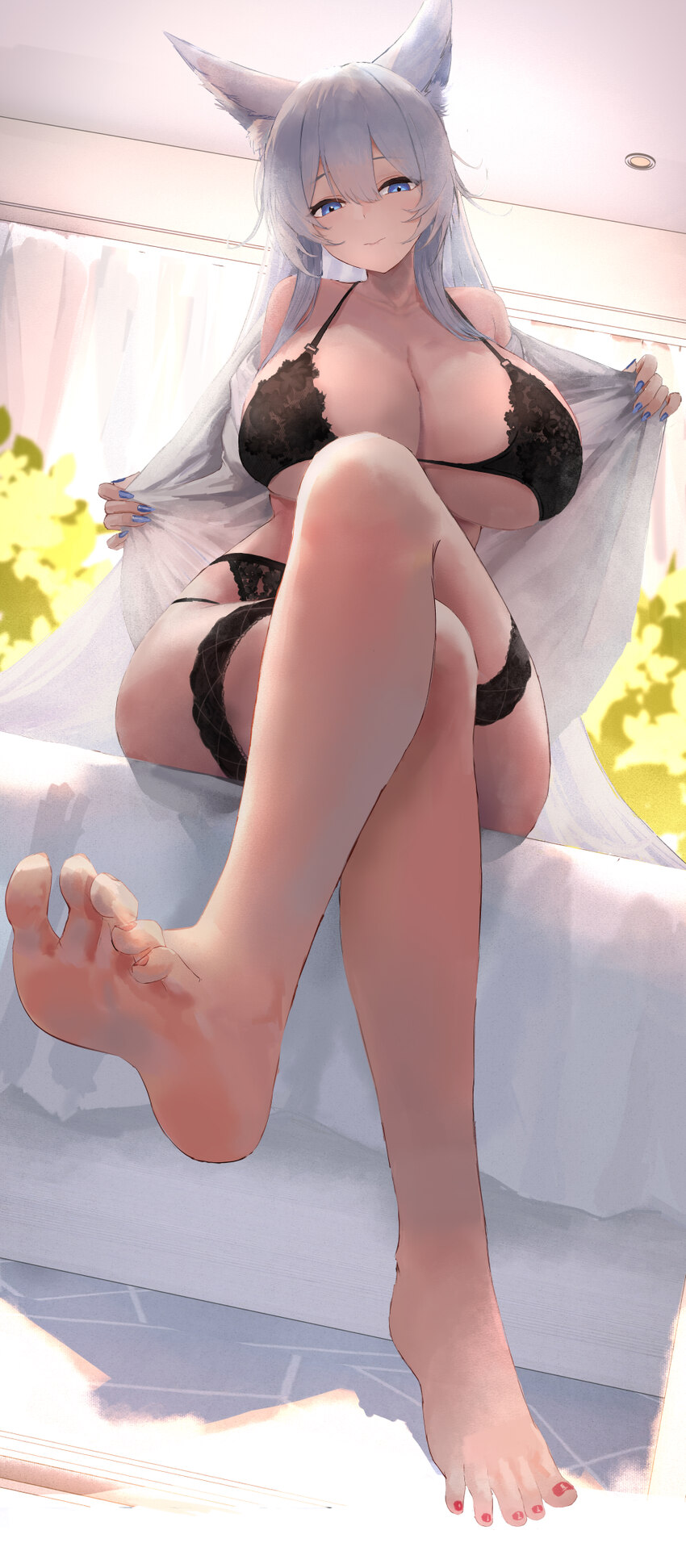 1girl absurdres animal ears azur lane bare shoulders barefoot black bra black panties blue eyes blue nails bra breasts chinese commentary closed mout…