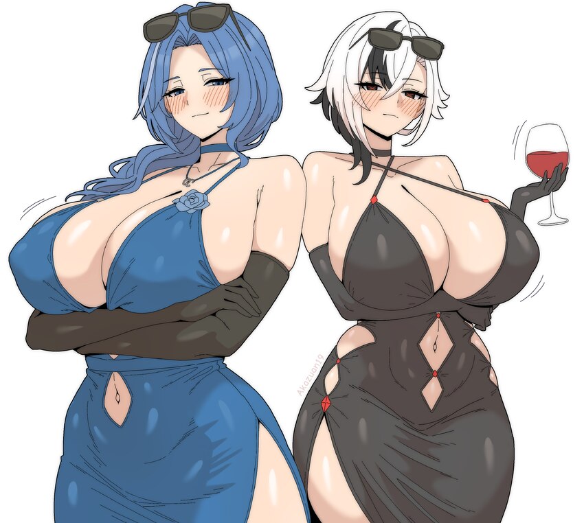 2girls absurdres akazuan 19 alcohol alternate breast size (larger) alternate costume arlecchino (genshin impact) arm under breasts arms under breasts…