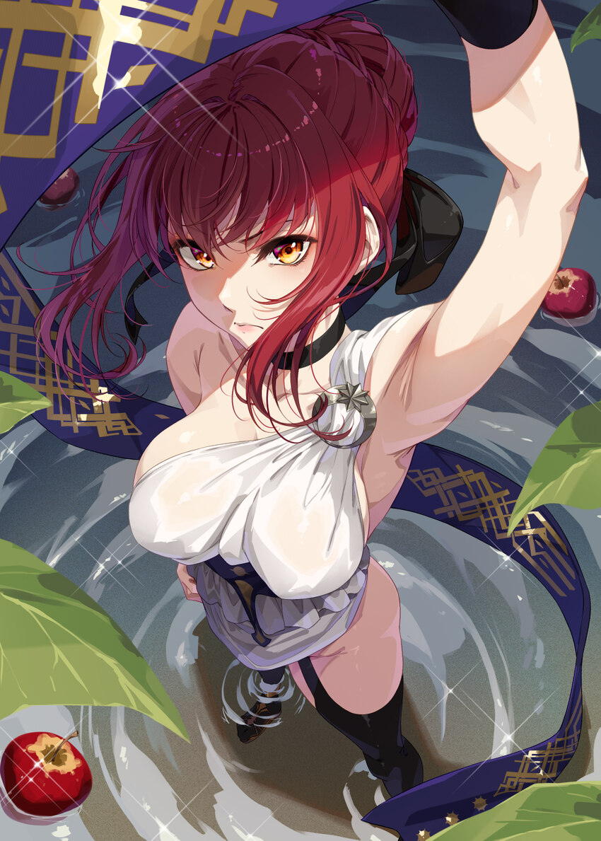 1girl absurdres alternate breast size (larger) apple armpit focus armpits black thighhighs breasts commentary request dress fate/grand order fate/str…