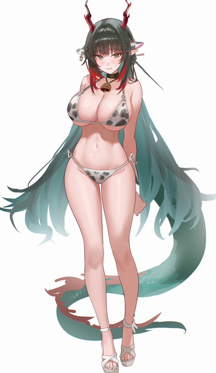 1girl absurdres alternate costume animal print arknights arknights  endfield bad id bad pixiv id bell bikini black hair blush breasts cleavage closed…