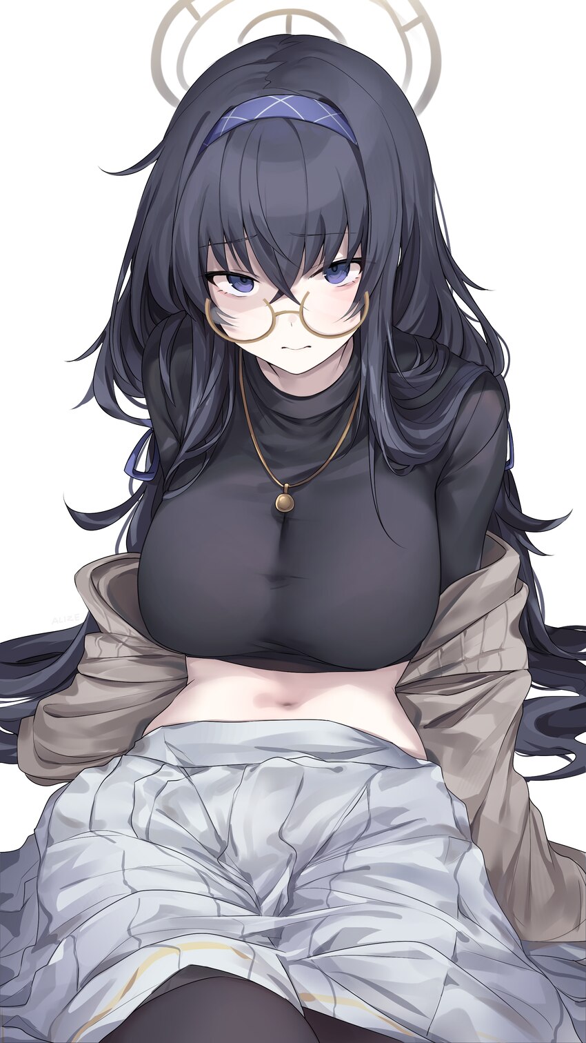 1girl absurdres allze alternate breast size (larger) bags under eyes black hair black pantyhose blue archive blue hairband bra visible through clothe…