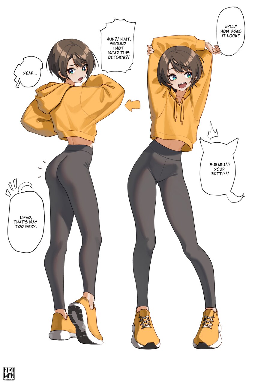 1girl absurdres ankle arms up artist name ass ass visible through thighs black pants blue eyes brown eyes brown hair character-shaped speech bubble c…
