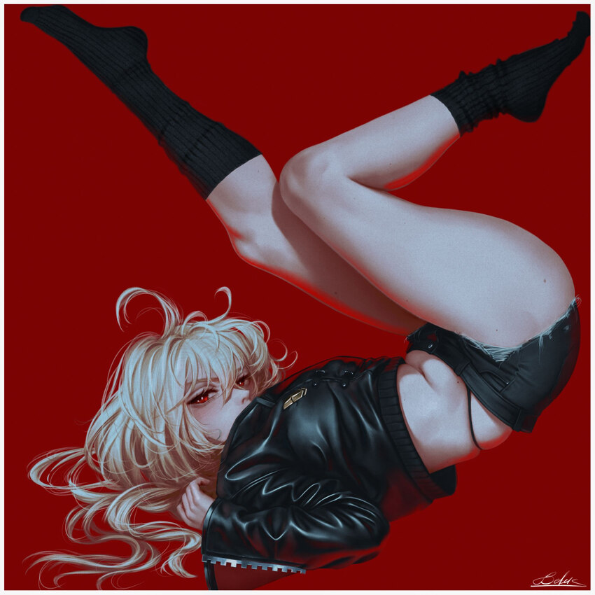 1girl bekus black jacket black panties black shorts black socks blonde hair border commentary cropped jacket denim denim shorts feet from side highle…
