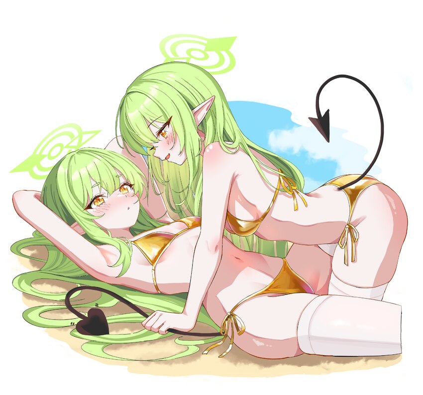 2girls absurdres armpits bikini black tail blue archive blush breasts commentary demon tail gold bikini green hair green halo halo highres hikari (bl…