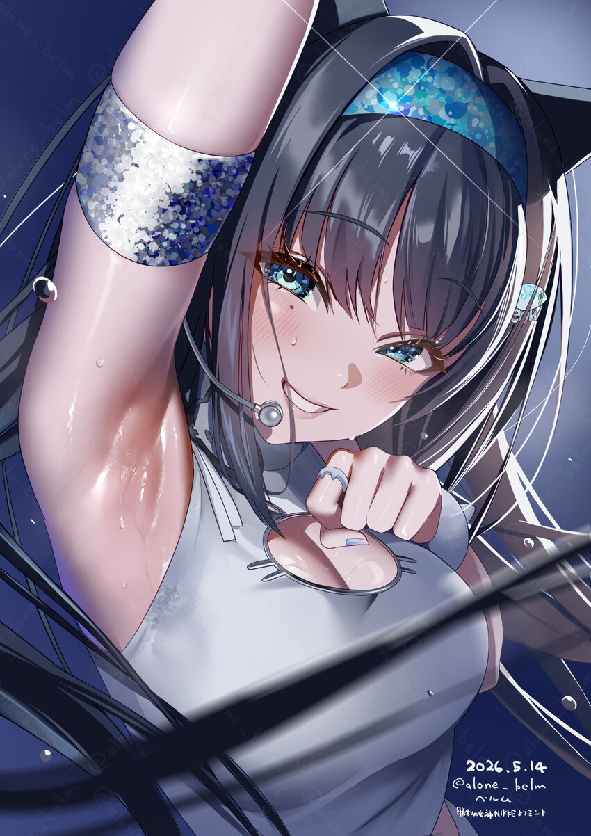 1girl absurdres alone belm arm up armband armpit focus armpits black hair breasts cleavage cleavage cutout clothing cutout commentary request dated f…