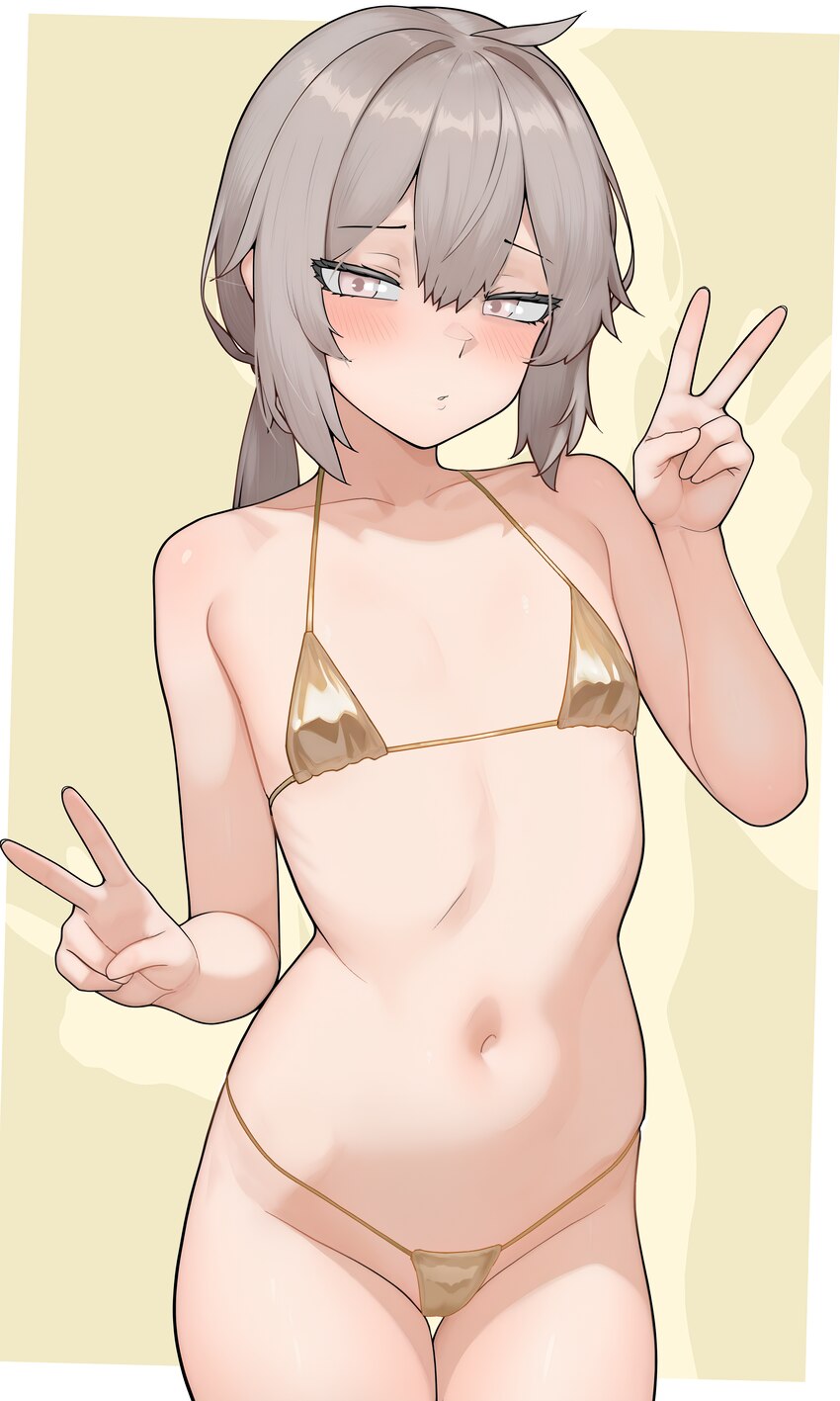 1girl  / absurdres bikini blush breasts brown eyes brown hair commentary request double v gd146 girls frontline gold bikini groin hair between eyes h…
