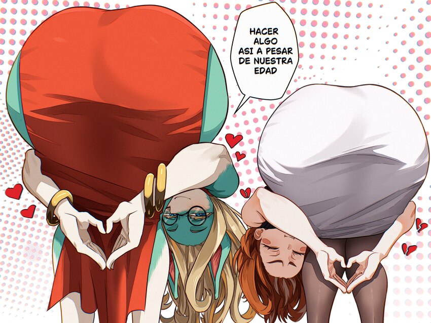 2girls absurdres amen pose (meme) ass black-framed eyewear blonde hair blue eyes boku no hero academia bracelet brown hair closed eyes commentary req…