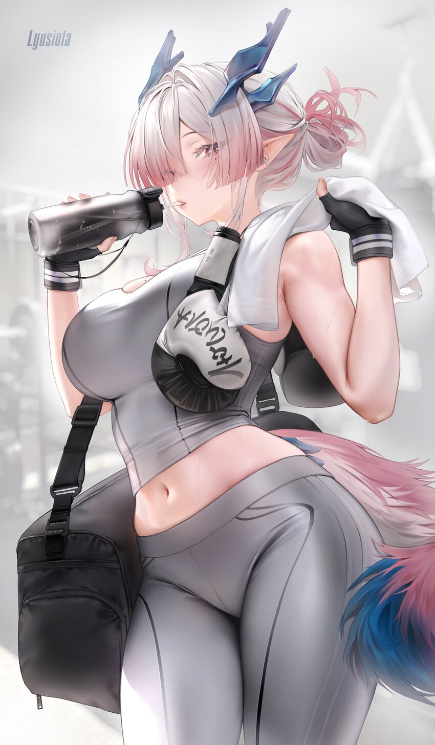 1girl absurdres alternate costume arknights arknights  endfield bag black gloves blue horns bottle boxing gloves breasts colored tips commentary drin…