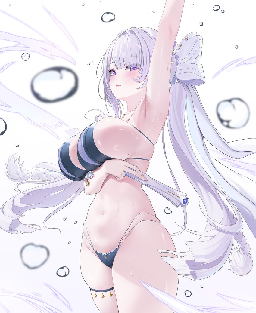 1girl absurdres air bubble arm up armpits bikini blue bikini breasts bubble commentary request elsynien groin hand fan highres holding holding fan la…
