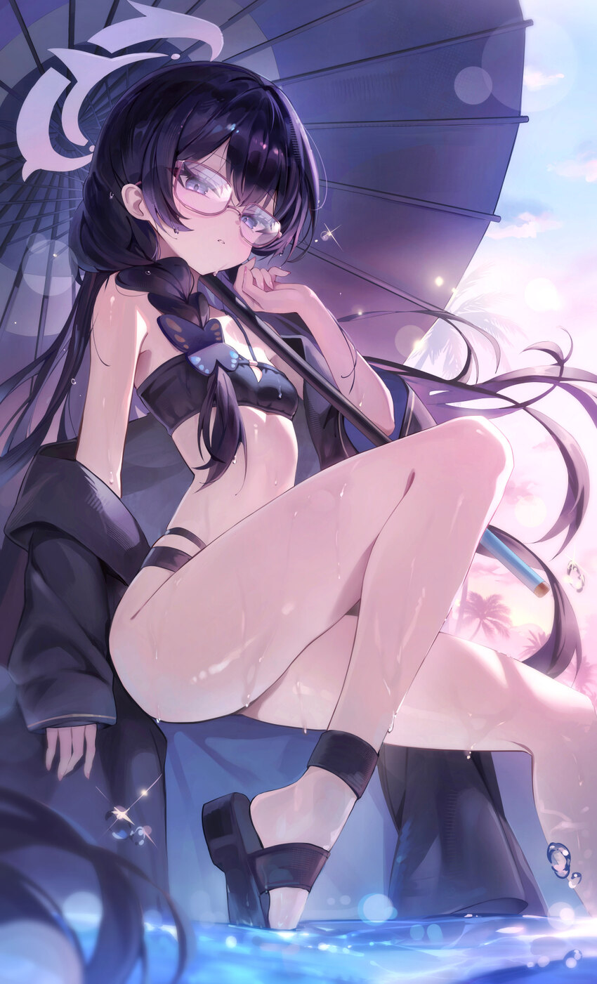 1girl bikini black bikini black hair black robe black sandals blue archive braid breasts butterfly hair ornament cano852 commentary grey eyes grey ha…