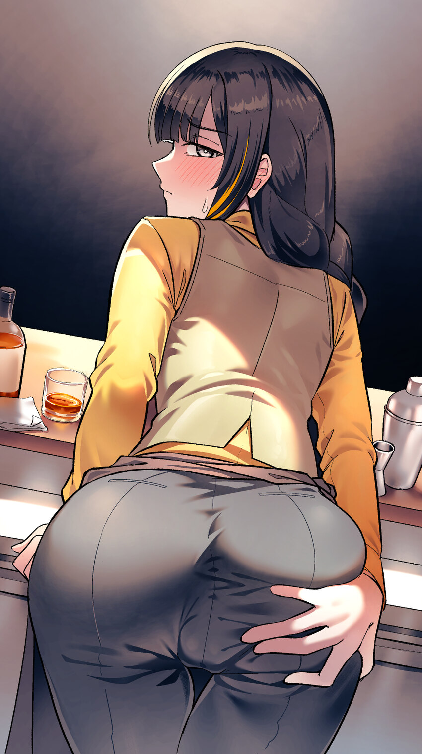 1girl absurdres ass black hair black pants blonde streaks brown vest commentary english commentary from behind girls frontline grey eyes highres long…