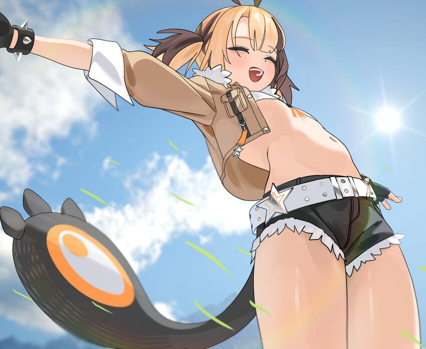 1girl  d ahoge belt black gloves black tail blonde hair blue sky bracelet brown hair closed eyes commentary cosplay cowboy shot cropped jacket denim …