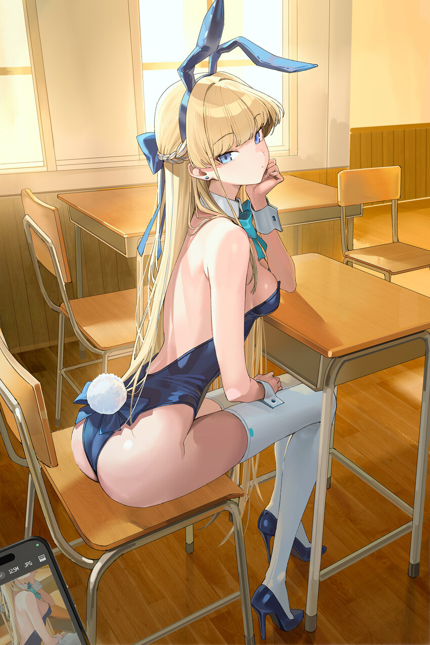1girl animal ears ass blonde hair blue archive blue eyes blue leotard breasts chinese commentary classroom commentary request desk fake animal ears f…