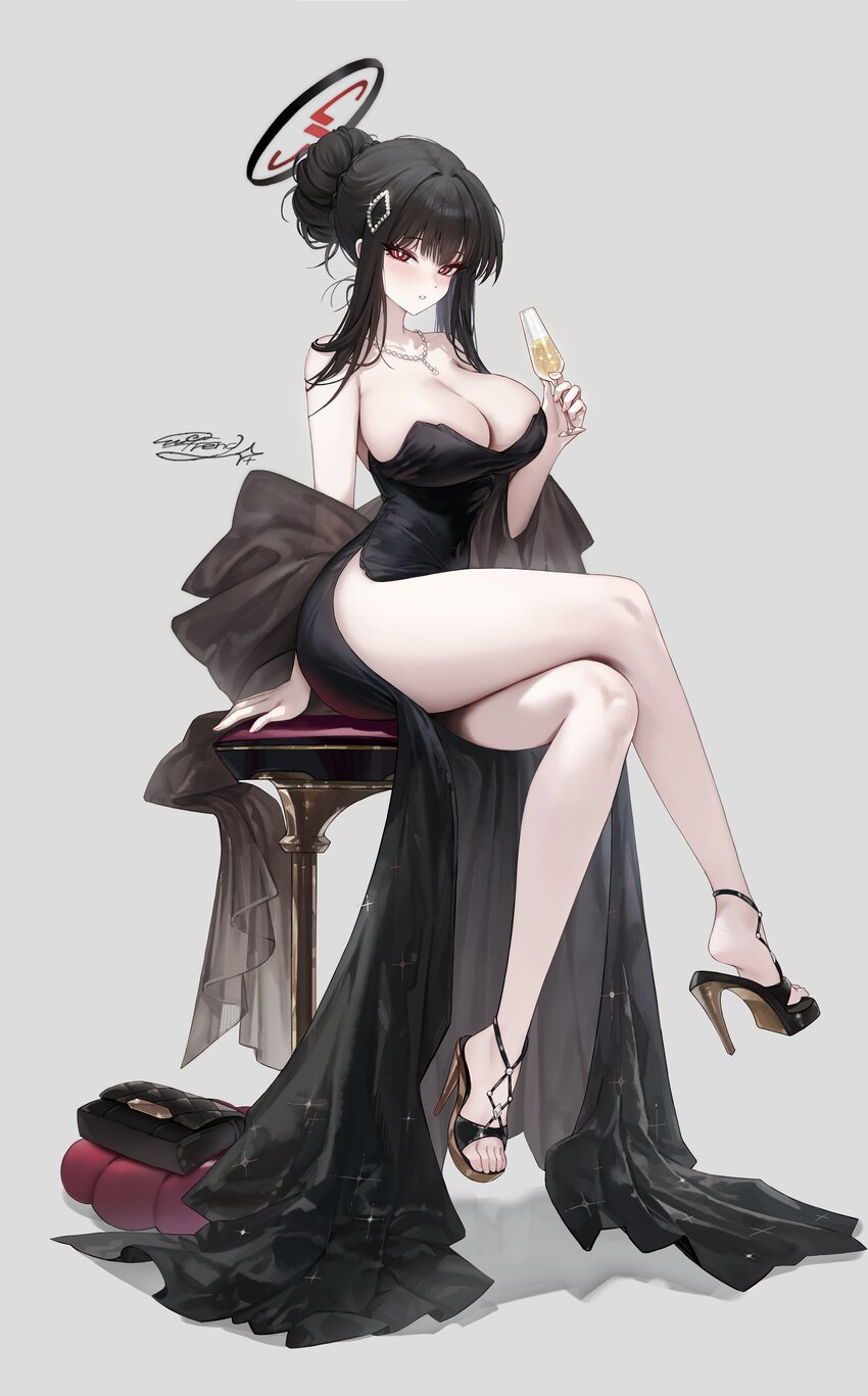 1girl absurdres black dress black hair black halo blue archive braid braided base breasts bright pupils bun with braided base champagne flute comment…