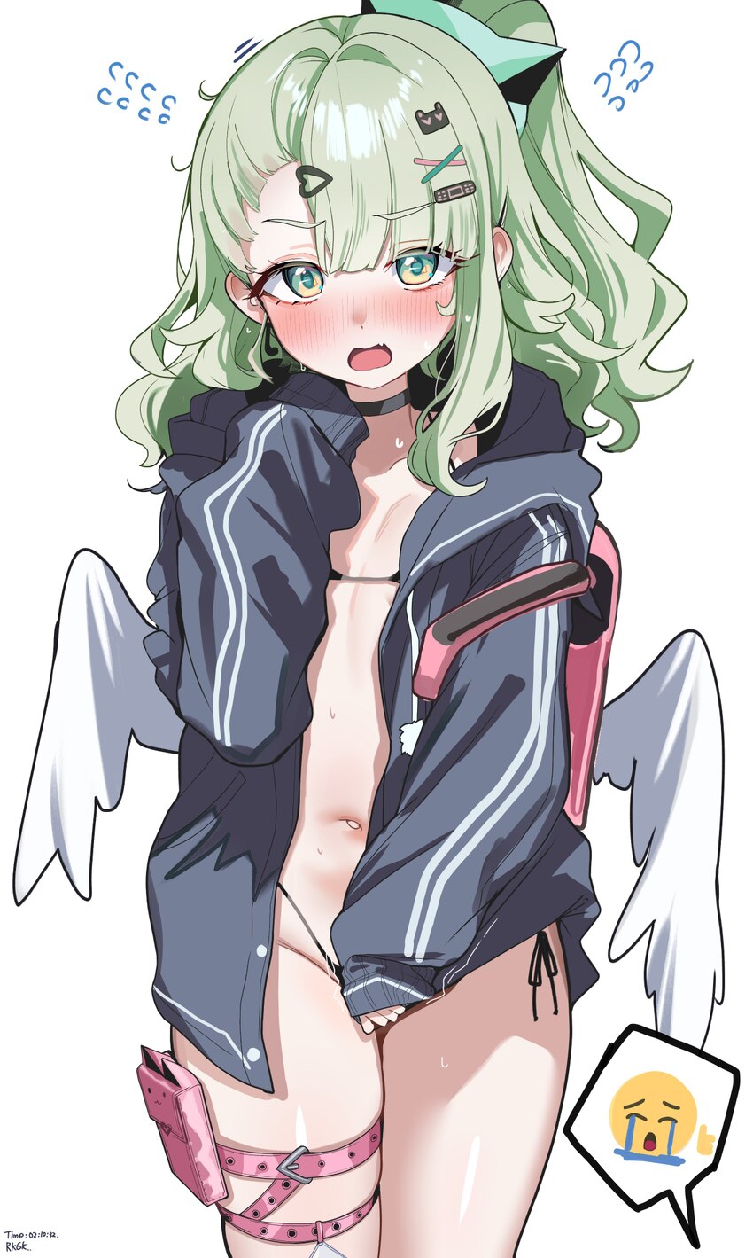 1girl absurdres backpack bag bikini black bikini blush breasts choker commentary green eyes green hair grey jacket hair ornament hairclip highres jac…
