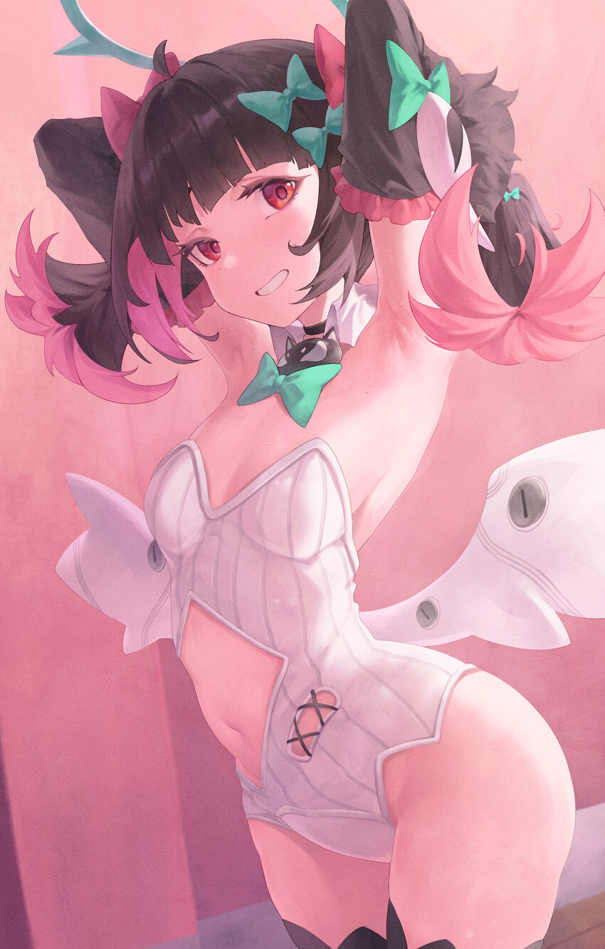 1girl absurdres armpits arms behind head bare shoulders black choker black hair black sleeves black thighhighs blunt bangs bow bowtie breasts cat orn…