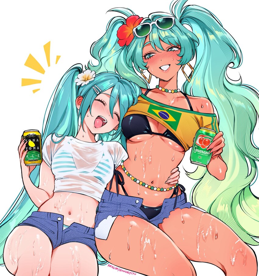 2026 fifa world cup 2girls aqua hair bikini black bikini blue shorts blush brazilian miku breasts can dark-skinned female dark skin dual persona dupl…