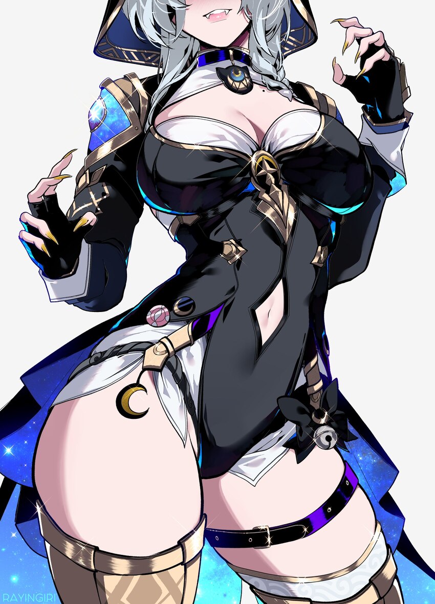 1girl bell breasts buckle choker chromatic aberration cipher (honkai  star rail) claw pose cleavage clothing cutout coattails coin commentary crescen…
