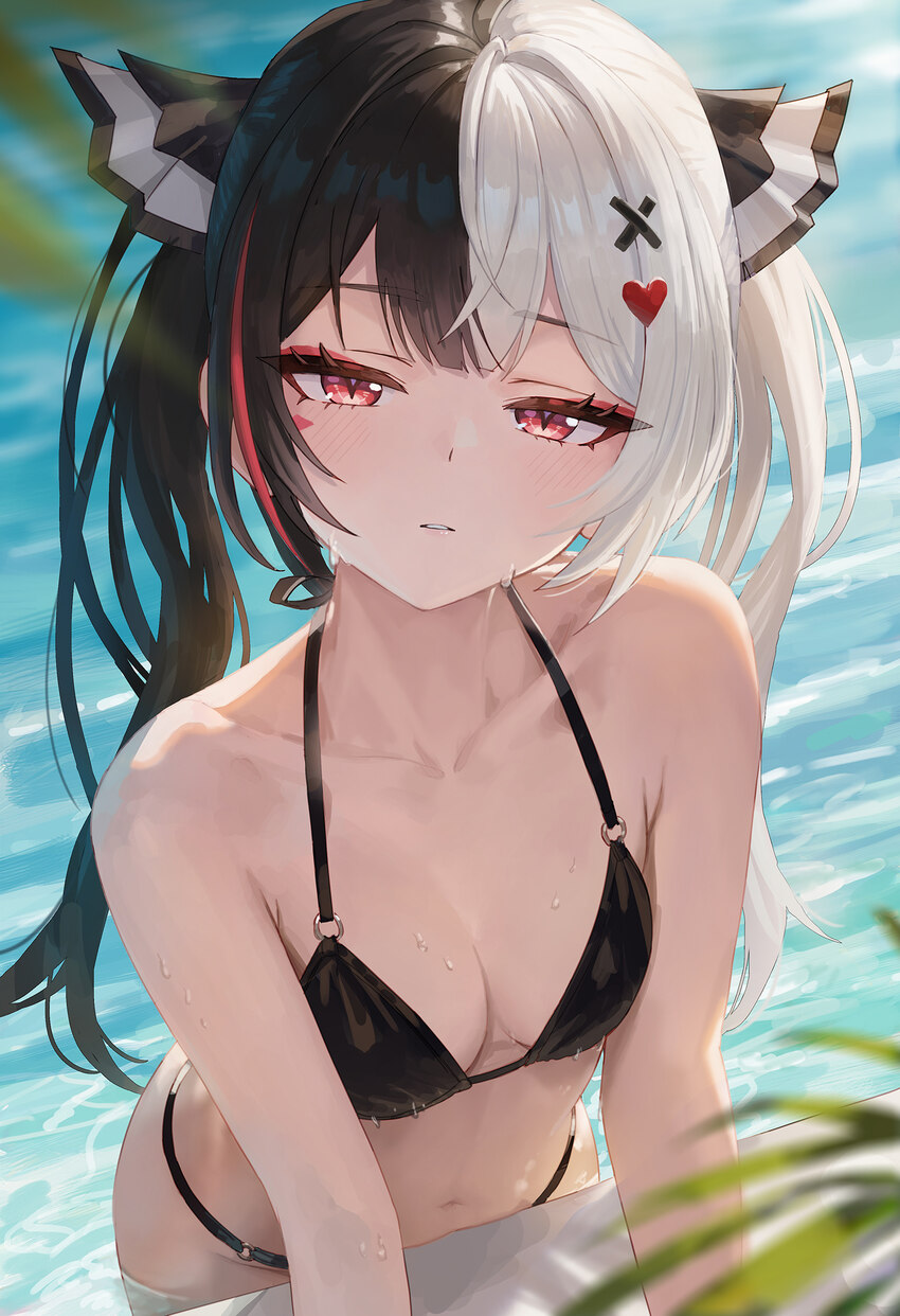 1girl ahoge alternate costume bikini black bikini black hair blush breasts collarbone commentary ddcc0123 hair ornament hair ribbon heart heart hair …