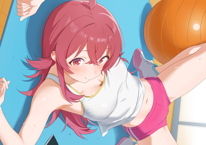 1girl absurdres annrichan armpits ball blush breasts breasts apart closed mouth commentary crossed bangs exercise ball gym shorts hair between eyes h…