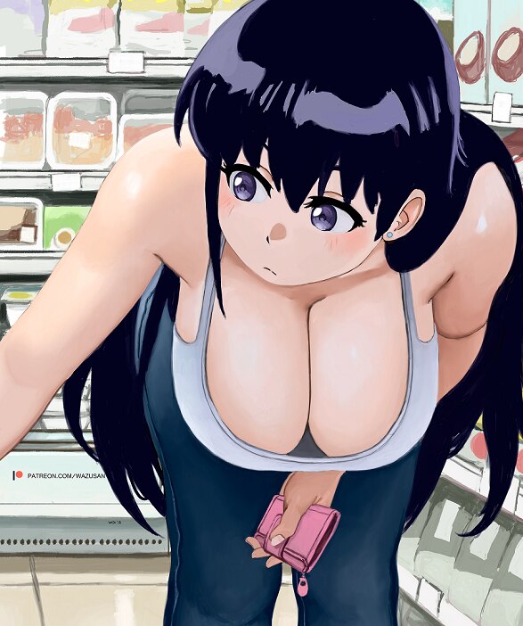 1girl arato nagi bent over black hair blue eyes blue pants breasts closed mouth convenience store denim downblouse earrings holding holding phone ind…
