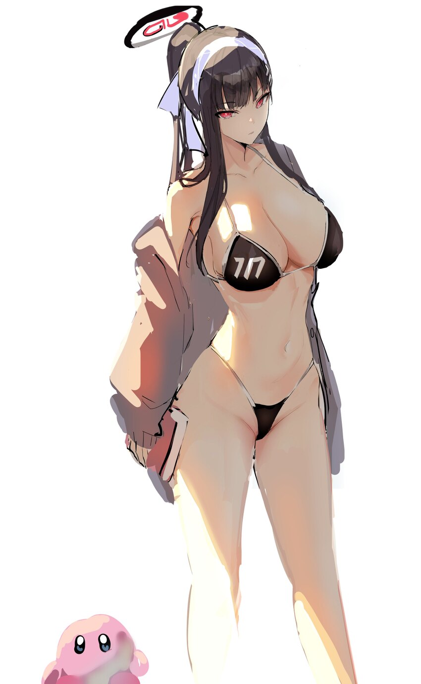 1girl absurdres bikini black bikini black hair blue archive book breasts brown jacket cleavage halo highres holding holding book jacket kirby kirby (…