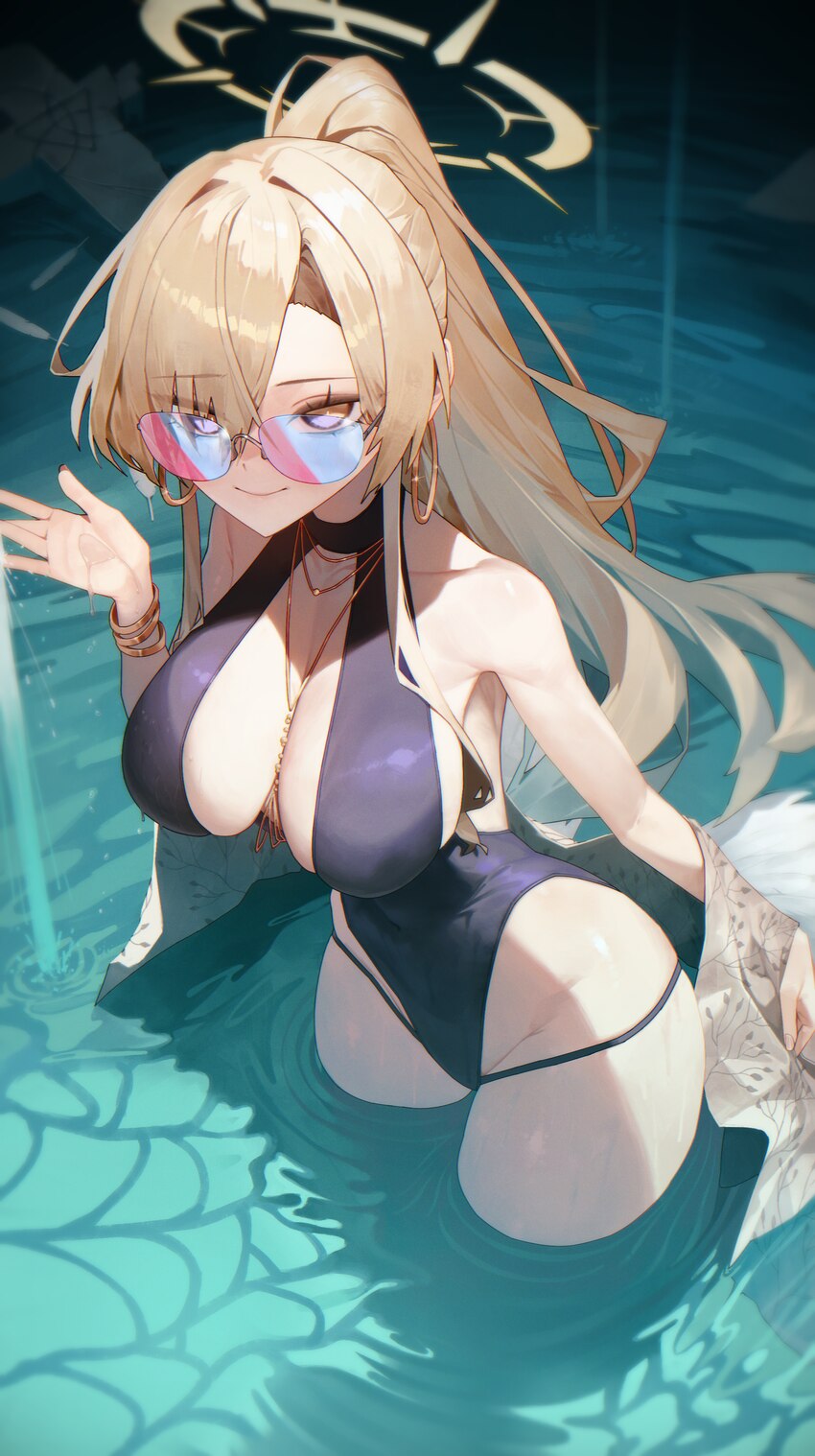 1girl absurdres black one-piece swimsuit blonde hair blue archive breasts commentary feathered wings halo highres large breasts long hair looking at …
